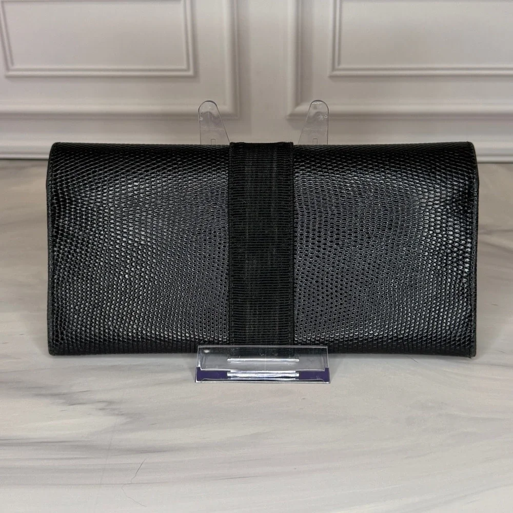 Salvatore Ferragamo Black Embossed Leather Long Wallet Gancini Gold Hardware